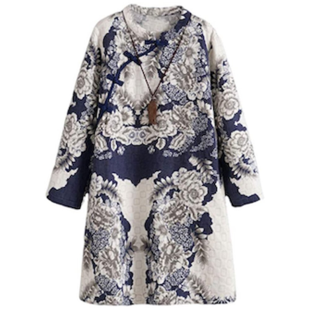 Minibee Floral Print Chinese Style Linen Dress XL